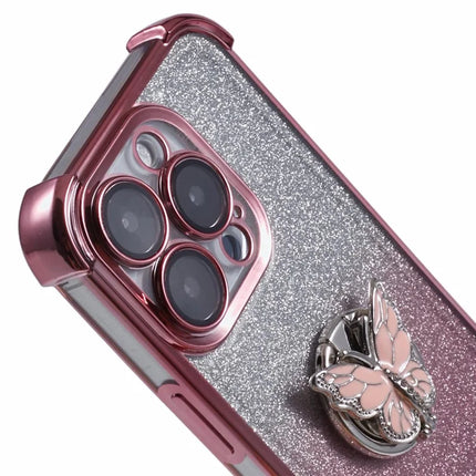 For iPhone 16 Pro Case Butterfly Kickstand Glitter TPU Shockproof Phone Cover