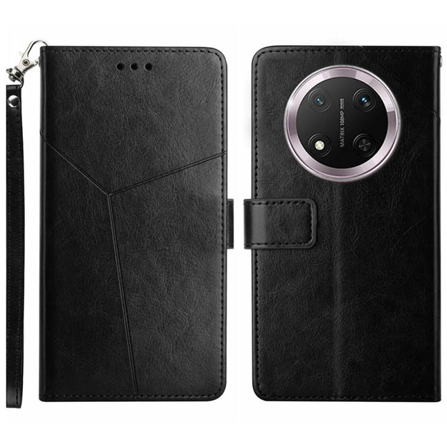 HT01 For Honor Magic7 Lite 5G / X9c 5G / X60 Pro 5G Case Y-Shaped Lines Imprint Leather Phone Cover - Black