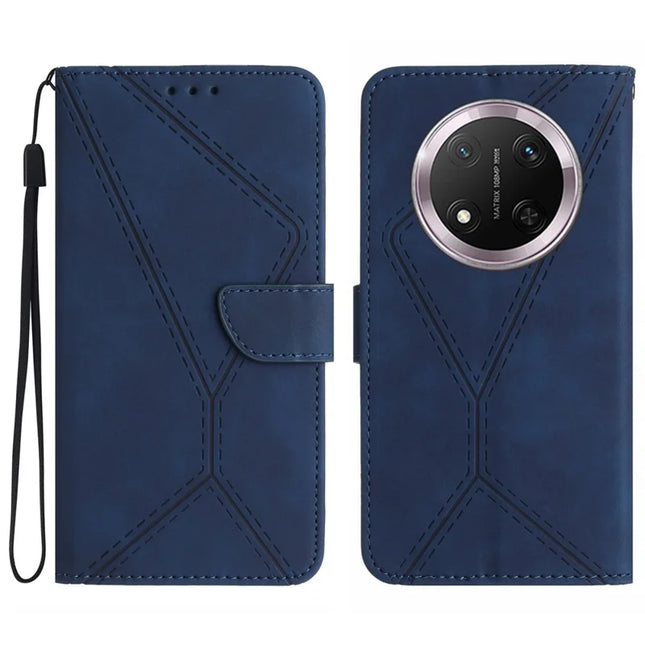 HT05 For Honor Magic7 Lite 5G / X9c 5G / X60 Pro 5G Case Leather Imprinted Lines Phone Cover with Card Holder - Blue