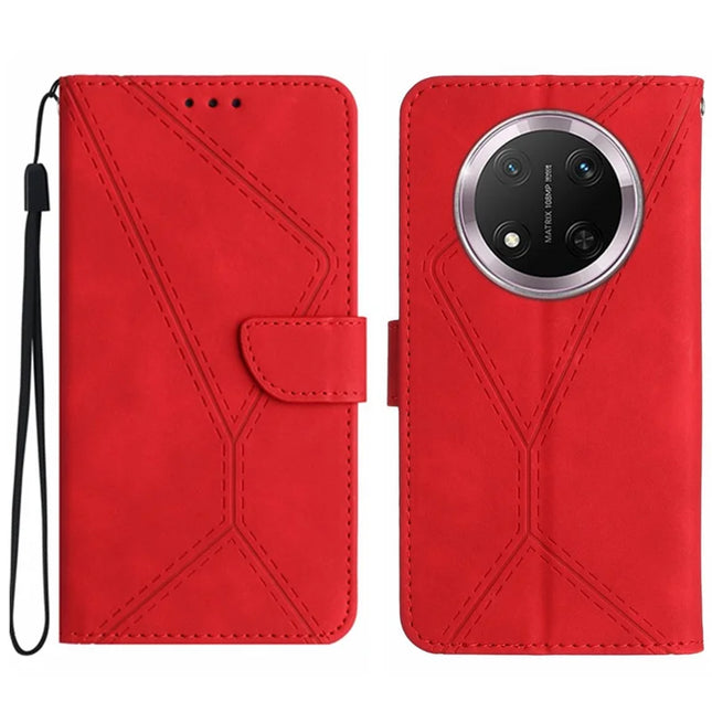 HT05 For Honor Magic7 Lite 5G / X9c 5G / X60 Pro 5G Case Leather Imprinted Lines Phone Cover with Card Holder - Red