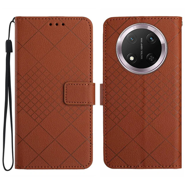 HT06 For Honor Magic7 Lite 5G / X9c 5G / X60 Pro 5G Wallet Phone Case Imprint PU Leather Flip Folio Cover - Brown