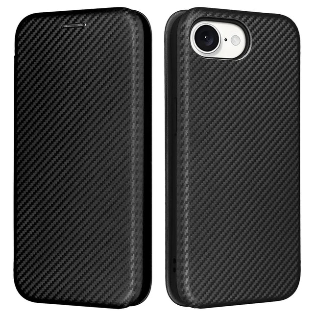 For iPhone 16e Case Carbon Fiber Texture Drop-Proof PU Leather Phone Cover - Black