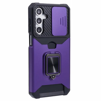For Samsung Galaxy A16 4G / 5G Kickstand Case Slide Lens Lid PC+TPU Phone Cover with Card Slot - Purple