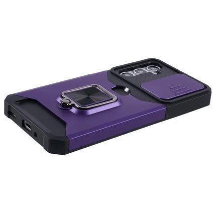 For Samsung Galaxy A16 4G / 5G Kickstand Case Slide Lens Lid PC+TPU Phone Cover with Card Slot