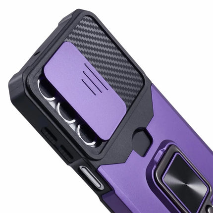 For Samsung Galaxy A16 4G / 5G Kickstand Case Slide Lens Lid PC+TPU Phone Cover with Card Slot