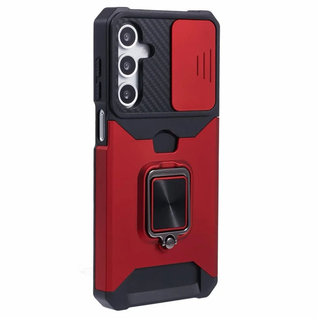 For Samsung Galaxy A16 4G / 5G Kickstand Case Slide Lens Lid PC+TPU Phone Cover with Card Slot - Red