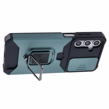 For Samsung Galaxy A16 4G / 5G Kickstand Case Slide Lens Lid PC+TPU Phone Cover with Card Slot