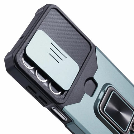 For Samsung Galaxy A16 4G / 5G Kickstand Case Slide Lens Lid PC+TPU Phone Cover with Card Slot