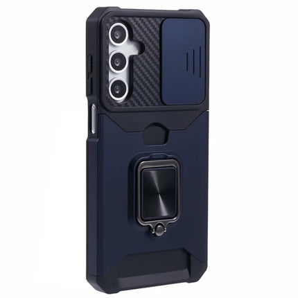 For Samsung Galaxy A16 4G / 5G Kickstand Case Slide Lens Lid PC+TPU Phone Cover with Card Slot - Navy Blue