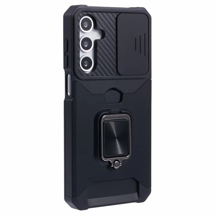 For Samsung Galaxy A16 4G / 5G Kickstand Case Slide Lens Lid PC+TPU Phone Cover with Card Slot - Black