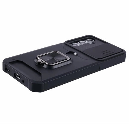 For Samsung Galaxy A16 4G / 5G Kickstand Case Slide Lens Lid PC+TPU Phone Cover with Card Slot