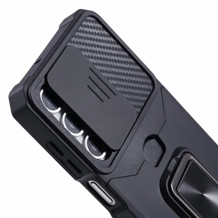 For Samsung Galaxy A16 4G / 5G Kickstand Case Slide Lens Lid PC+TPU Phone Cover with Card Slot