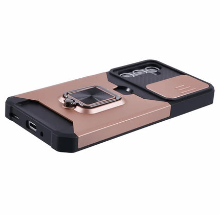 For Samsung Galaxy A16 4G / 5G Kickstand Case Slide Lens Lid PC+TPU Phone Cover with Card Slot