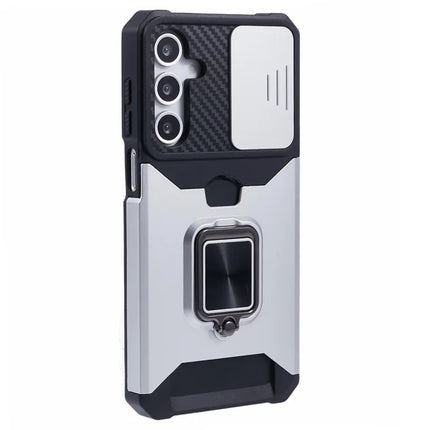 For Samsung Galaxy A16 4G / 5G Kickstand Case Slide Lens Lid PC+TPU Phone Cover with Card Slot - Silver