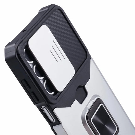 For Samsung Galaxy A16 4G / 5G Kickstand Case Slide Lens Lid PC+TPU Phone Cover with Card Slot