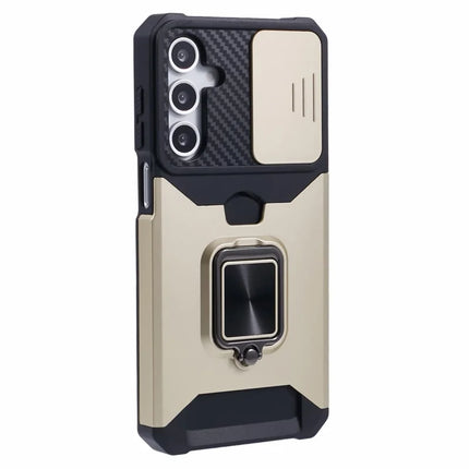 For Samsung Galaxy A16 4G / 5G Kickstand Case Slide Lens Lid PC+TPU Phone Cover with Card Slot - Gold