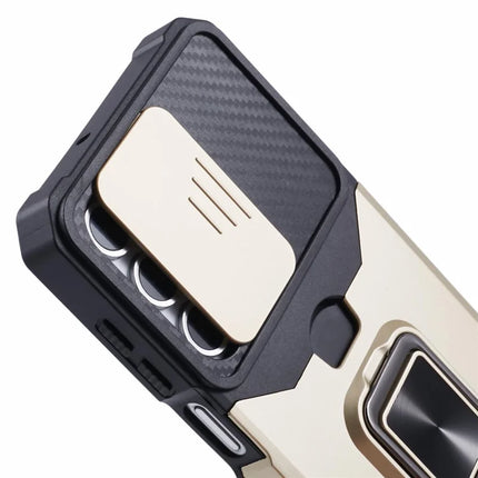 For Samsung Galaxy A16 4G / 5G Kickstand Case Slide Lens Lid PC+TPU Phone Cover with Card Slot