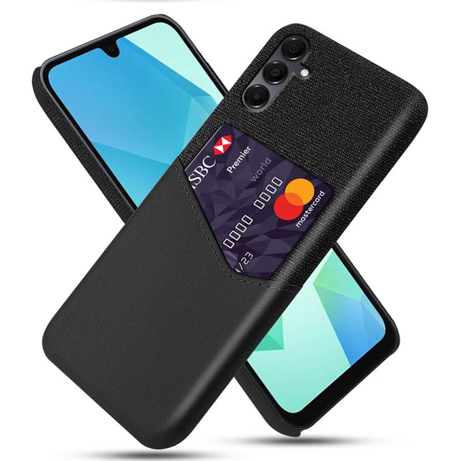 For Samsung Galaxy A16 4G / 5G Case PU Leather Cloth Texture Hard PC Phone Cover with Card Holder - Black