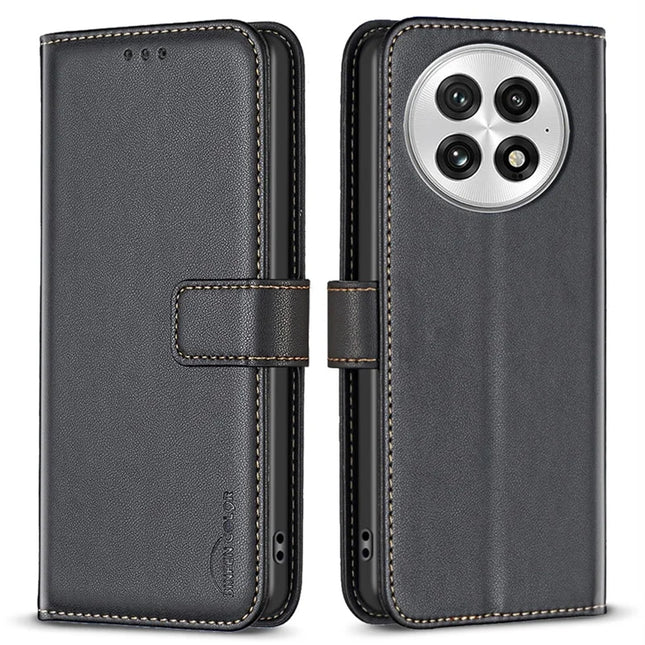 BINFEN COLOR BF17 For OnePlus 13 Case Wallet Folio Flip Leather Cover - Black