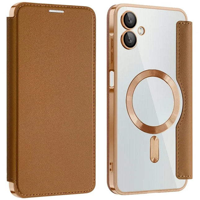 For Samsung Galaxy A06 Case Compatible with MagSafe RFID Blocking Leather Phone Cover - Brown