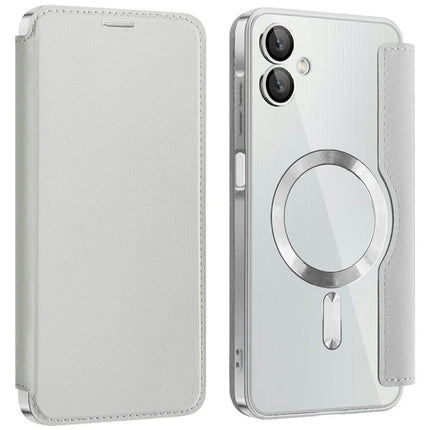 For Samsung Galaxy A06 Case Compatible with MagSafe RFID Blocking Leather Phone Cover - Silver