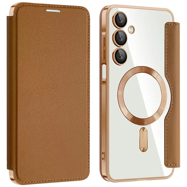 For Samsung Galaxy A16 4G / 5G Case Compatible with MagSafe RFID Blocking Leather Phone Cover - Brown