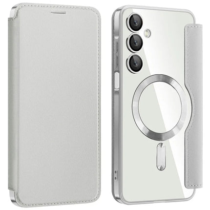 For Samsung Galaxy A16 4G / 5G Case Compatible with MagSafe RFID Blocking Leather Phone Cover - Silver