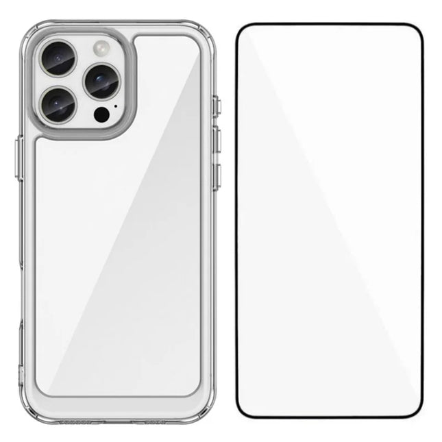 WANLONFENG MF Series for iPhone 16 Pro Max Case TPU+Acrylic Clear Phone Cover with Tempered Glass Film