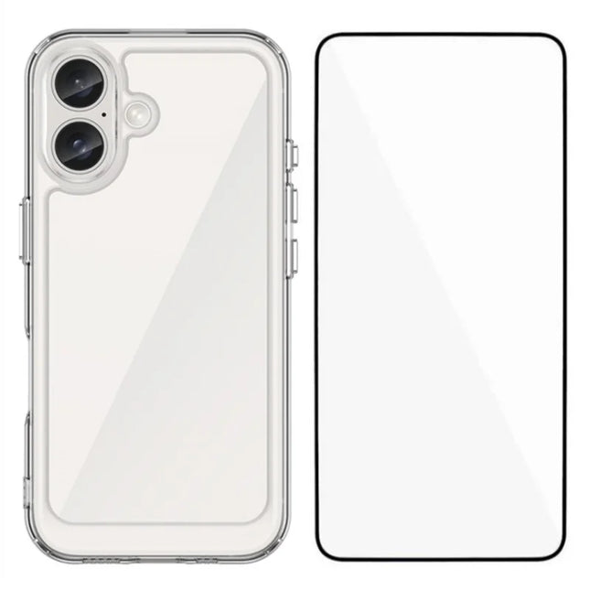 WANLONFENG MF Series for iPhone 16 Plus Case TPU+Acrylic Clear Phone Cover with Tempered Glass Film