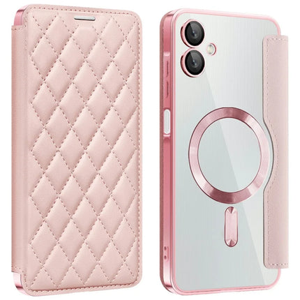 For Samsung Galaxy A06 Case Compatible with MagSafe Rhombus PU Leather Phone Cover - Pink