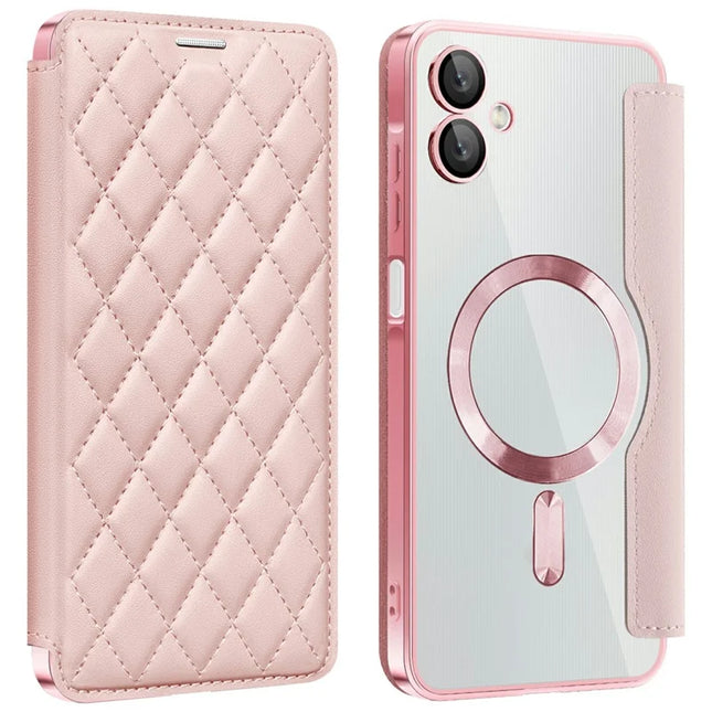 For Samsung Galaxy A06 Case Compatible with MagSafe Rhombus PU Leather Phone Cover - Pink