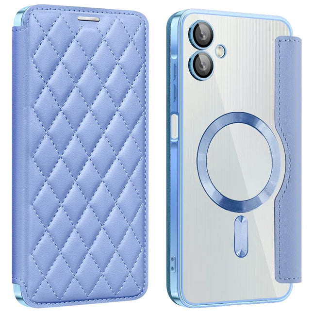 For Samsung Galaxy A06 Case Compatible with MagSafe Rhombus PU Leather Phone Cover - Blue