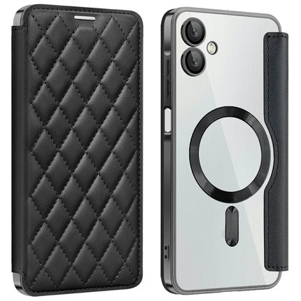 For Samsung Galaxy A06 Case Compatible with MagSafe Rhombus PU Leather Phone Cover - Black