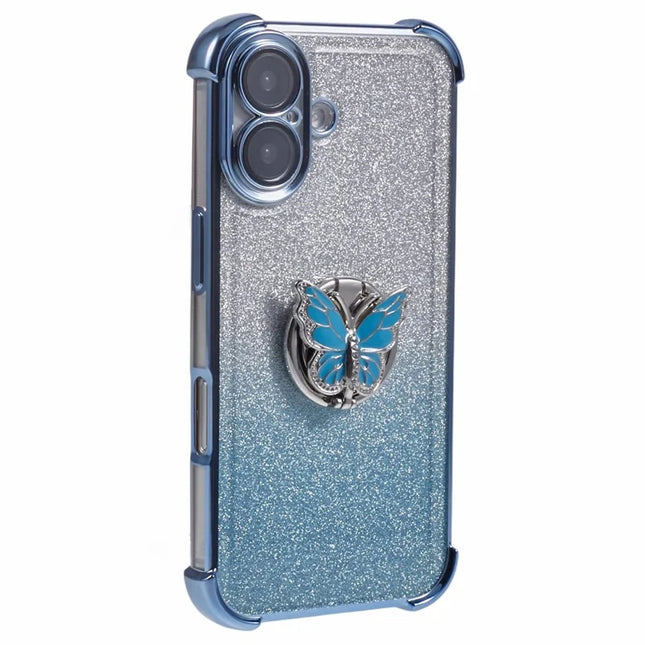 For iPhone 16 Plus Case Butterfly Kickstand Glitter TPU Shockproof Phone Cover - Blue