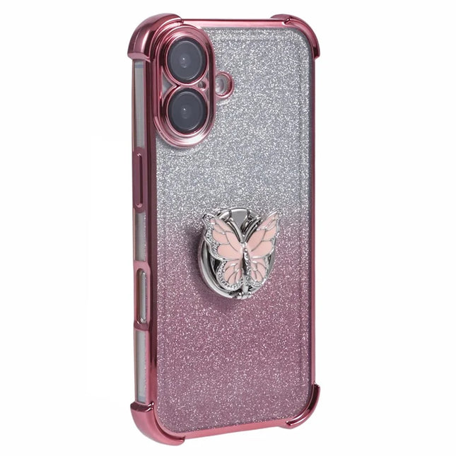 For iPhone 16 Plus Case Butterfly Kickstand Glitter TPU Shockproof Phone Cover - Pink