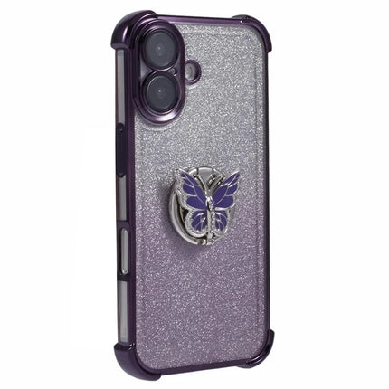 For iPhone 16 Plus Case Butterfly Kickstand Glitter TPU Shockproof Phone Cover - Purple