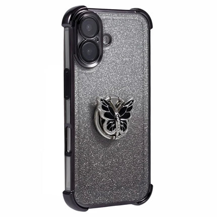 For iPhone 16 Plus Case Butterfly Kickstand Glitter TPU Shockproof Phone Cover - Black