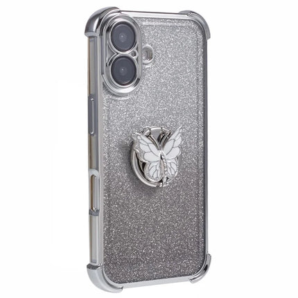 For iPhone 16 Plus Case Butterfly Kickstand Glitter TPU Shockproof Phone Cover - Silver