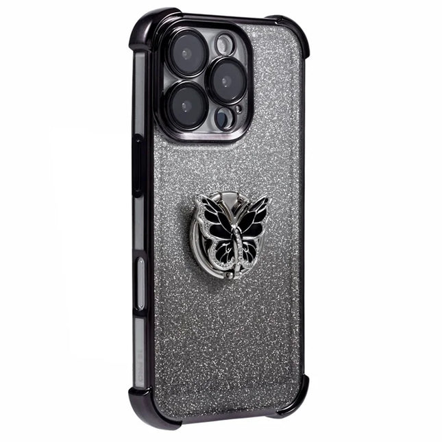 For iPhone 16 Pro Max Case Butterfly Kickstand Glitter TPU Shockproof Phone Cover - Black