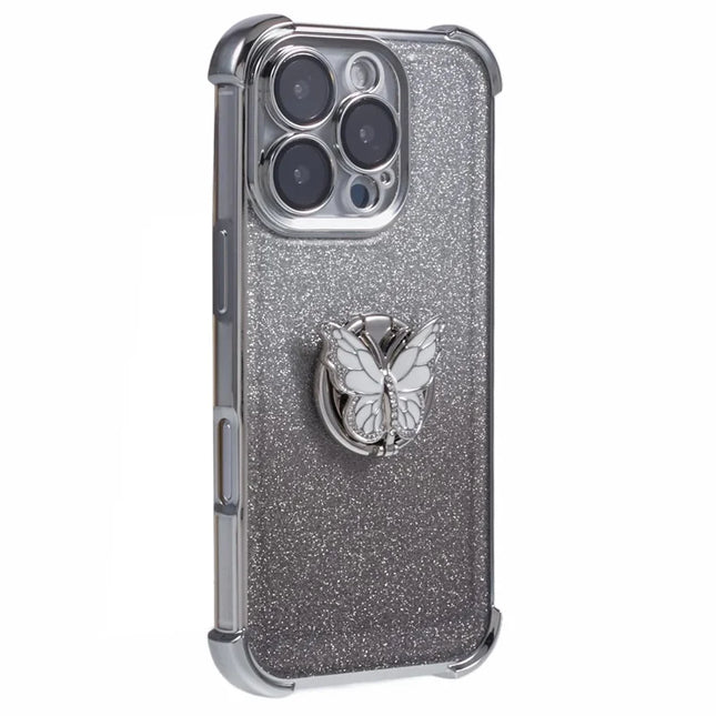 For iPhone 16 Pro Max Case Butterfly Kickstand Glitter TPU Shockproof Phone Cover - Silver