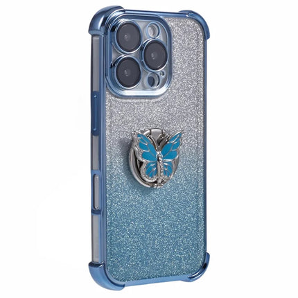 For iPhone 16 Pro Max Case Butterfly Kickstand Glitter TPU Shockproof Phone Cover - Blue