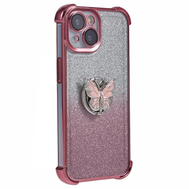 For iPhone 14 Case Butterfly Kickstand Glitter TPU Shockproof Phone Cover - Pink