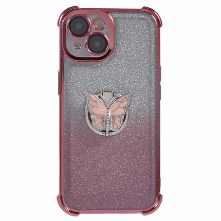 For iPhone 14 Case Butterfly Kickstand Glitter TPU Shockproof Phone Cover
