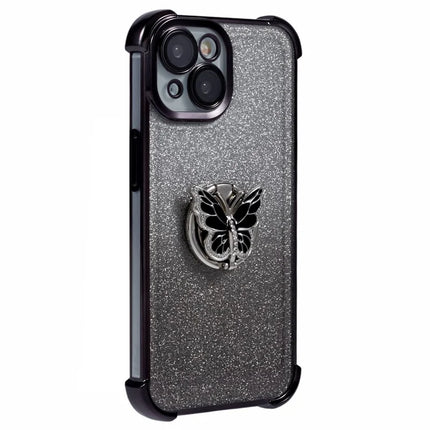 For iPhone 14 Case Butterfly Kickstand Glitter TPU Shockproof Phone Cover - Black