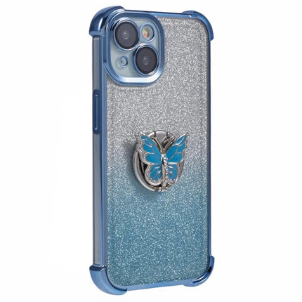 For iPhone 14 Case Butterfly Kickstand Glitter TPU Shockproof Phone Cover - Blue