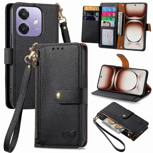 RFID Blocking Case For Oppo A3x 4G / A40 4G / A60 5G Zipper Pocket Leather Wallet Phone Cover - Black