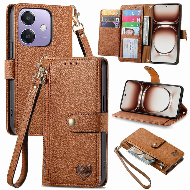 RFID Blocking Case For Oppo A3x 4G / A40 4G / A60 5G Zipper Pocket Leather Wallet Phone Cover - Brown