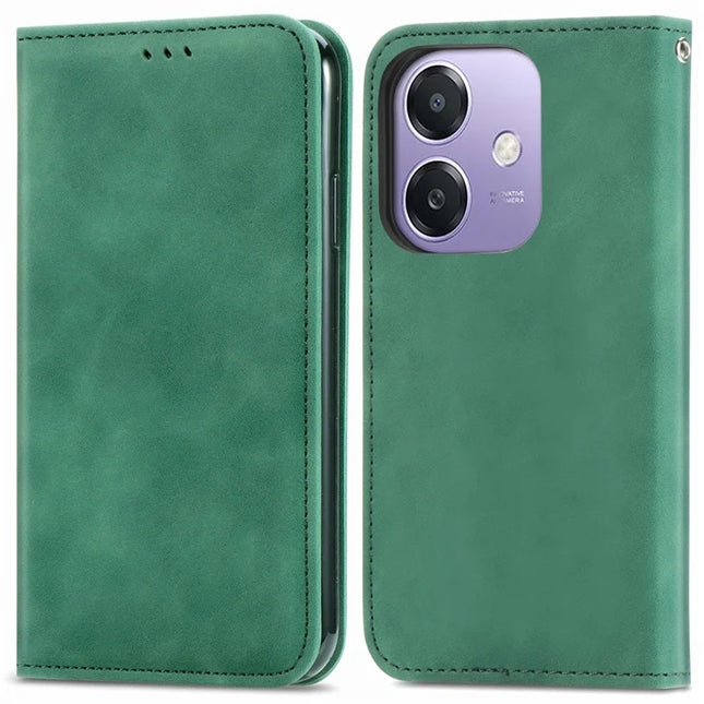 Case For Oppo A3x 4G / A40 4G / A60 5G Skin Touch Feeling Leather Card Holder Phone Cover Magnetic Absorption - Green