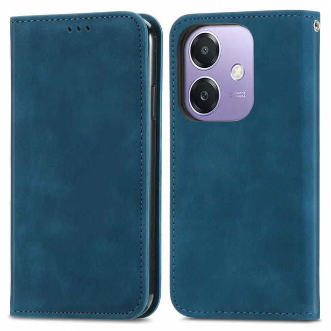 Case For Oppo A3x 4G / A40 4G / A60 5G Skin Touch Feeling Leather Card Holder Phone Cover Magnetic Absorption - Dark Blue