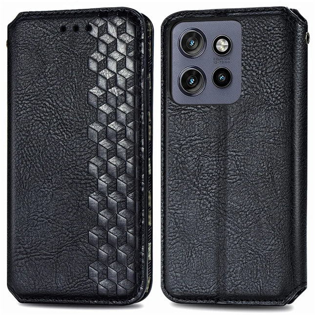 PU Leather Case For Motorola Thinkphone 25 5G / Moto S50 5G / Edge 50 Neo 5G Rhombus Imprint Wallet Stand Phone Cover - Black